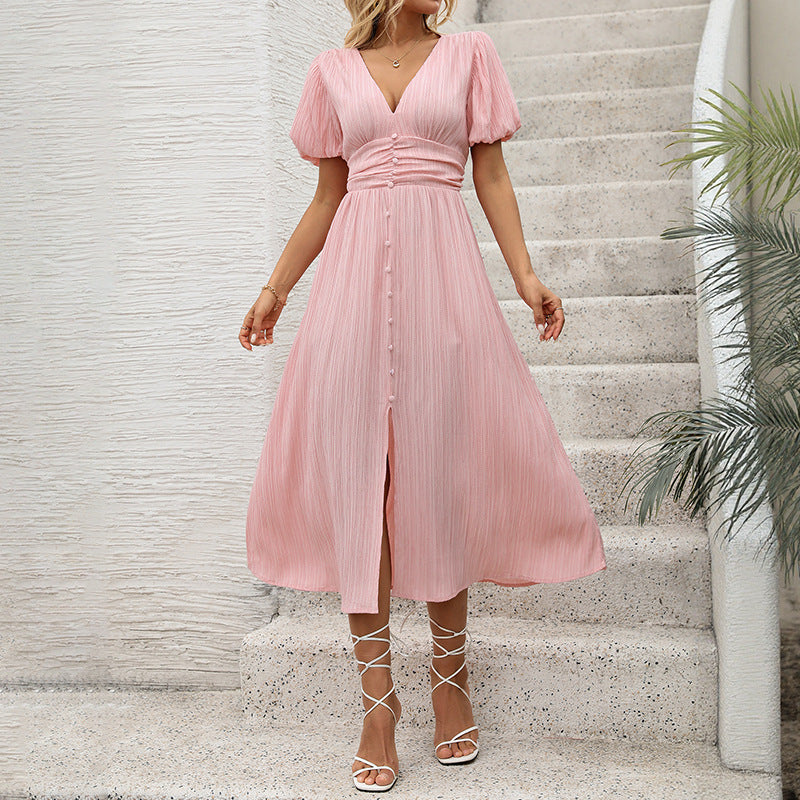 Ladies figure-flattering midi dress with ribbed texture, puff sleeves, and V-neck Mune Fashion