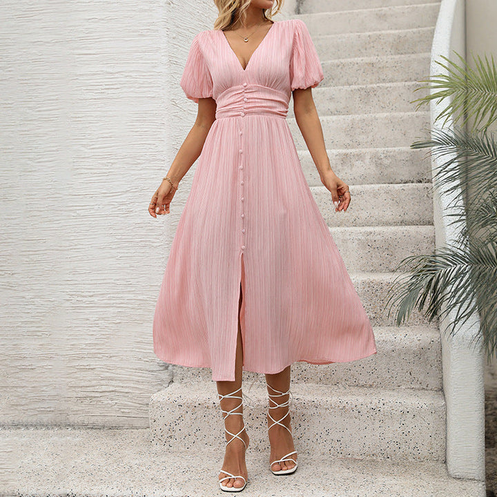 Ladies figure-flattering midi dress with ribbed texture, puff sleeves, and V-neck Mune Fashion