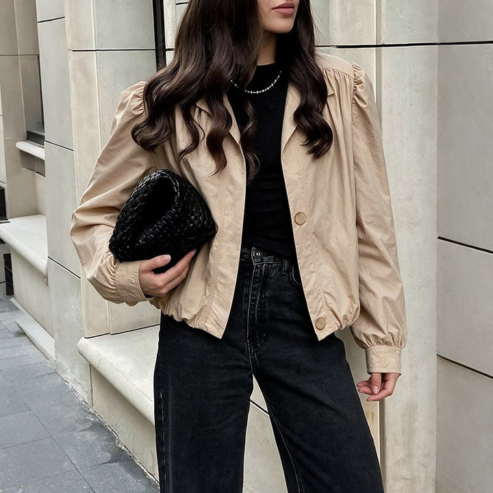 Women Light Short Jacket with Balloon Sleeves, Puff Shoulders & Elastic Hem Mune Fashion
