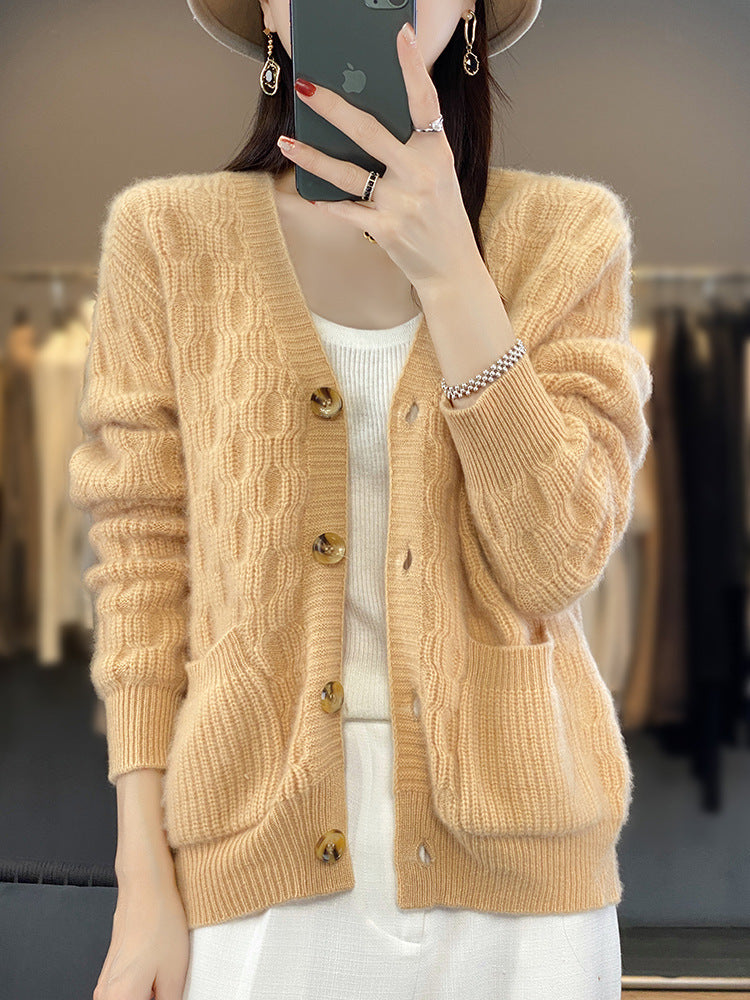 Women's Soft Angora-Look Cable Knit Cardigan with V-Neck and Patch Pockets Mune Fashion