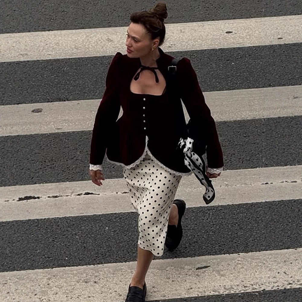 Women's tailored velvet blazer dress with heart neckline, pearl buttons, and lace trim Mune Fashion
