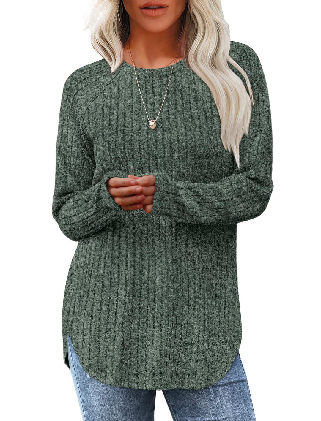 Women's ribbed knit pullover with round neckline oversized fit and side slits Mune Fashion