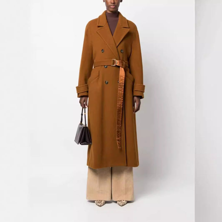 Women Maxilength Double-breasted Wool Blend Coat with Satin Ribbon Waist Belt and Rolled-up Sleeves Mune Fashion