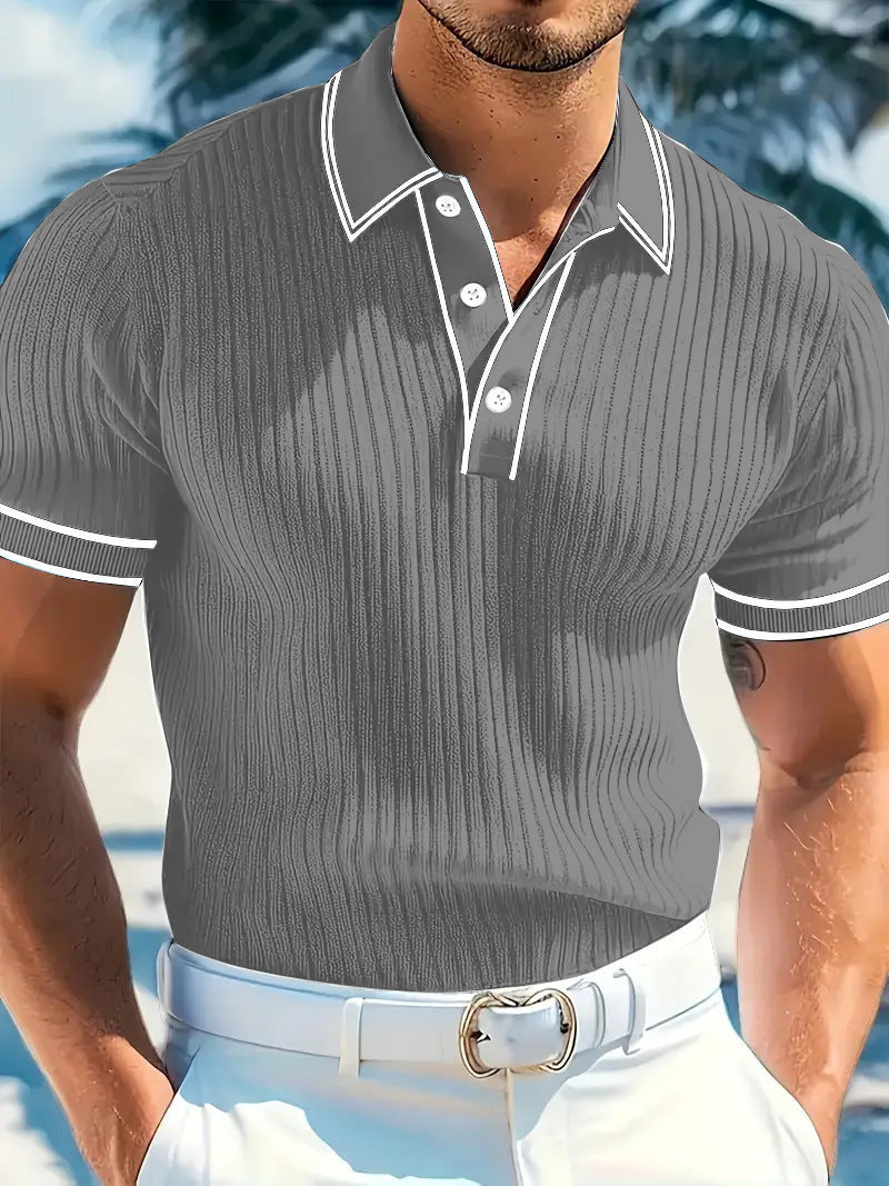 Men's fitted short-sleeve polo with Kent collar, short button placket, and fine vertical rib structure Mune Fashion