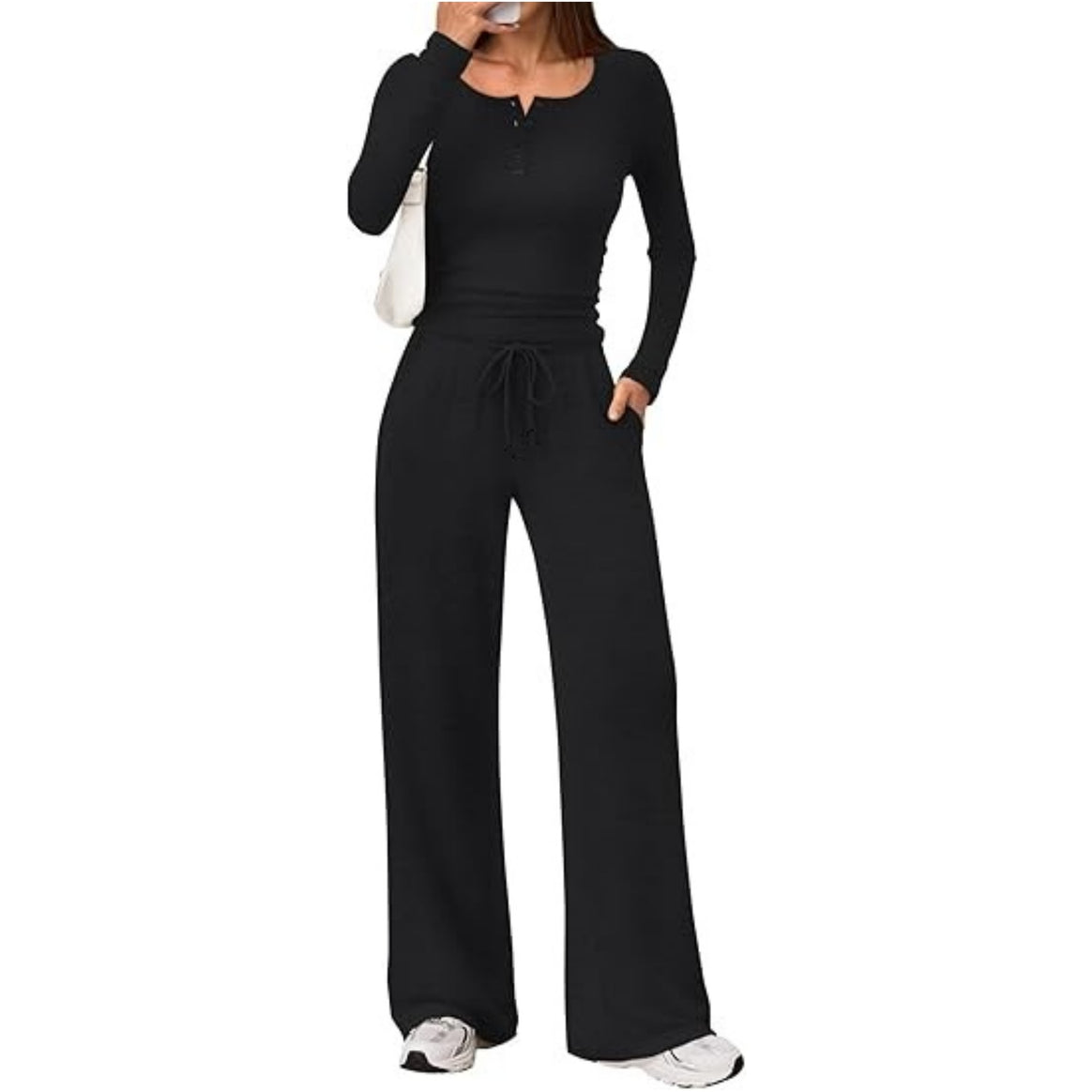 Women's Two-Piece Fine Knit Lounge Set with Henley Top and Palazzo Pants Mune Fashion