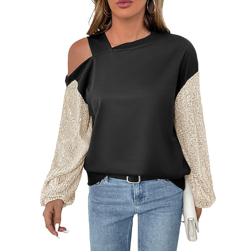 Women’s Asymmetric Sweatshirt with Shoulder Cutout and Sequin Knit Sleeves Mune Fashion