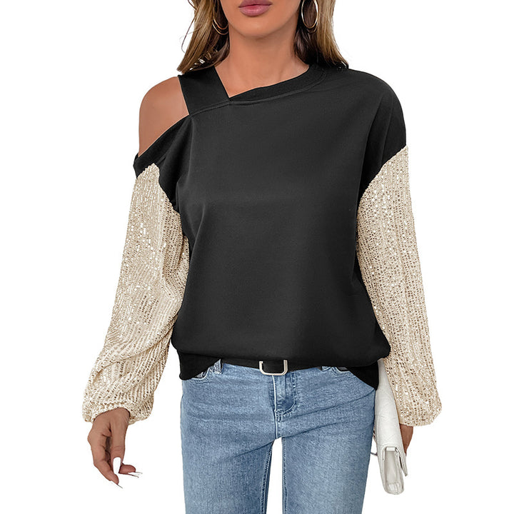 Women’s Asymmetric Sweatshirt with Shoulder Cutout and Sequin Knit Sleeves Mune Fashion