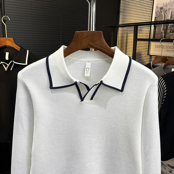 Men's Fine Knit Polo Sweater with Contrast Piping and Shirt Collar Mune Fashion