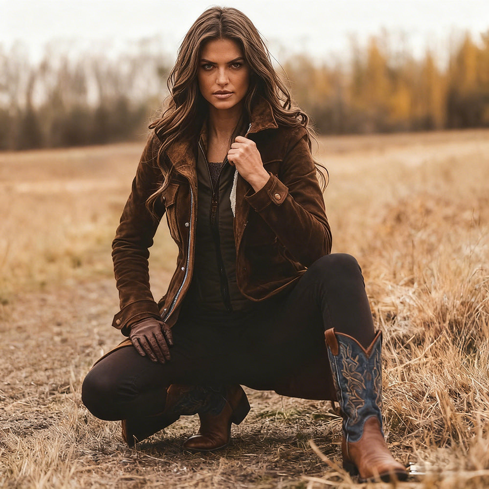 Women's long jacket made of suede leather with utility pockets and concealed zipper Mune Fashion