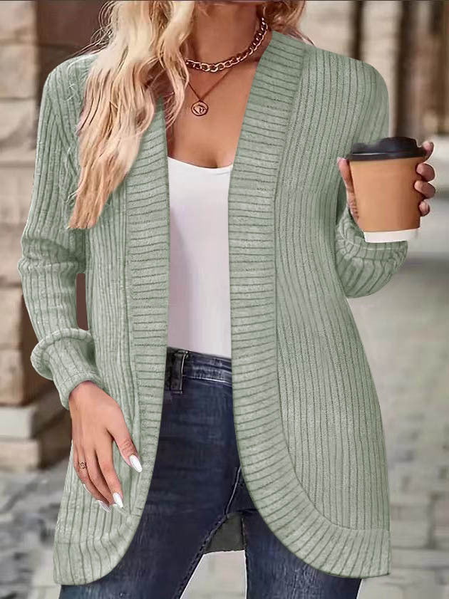 Women Long Open Ribbed Knit Cardigan with Rounded Hem Drune