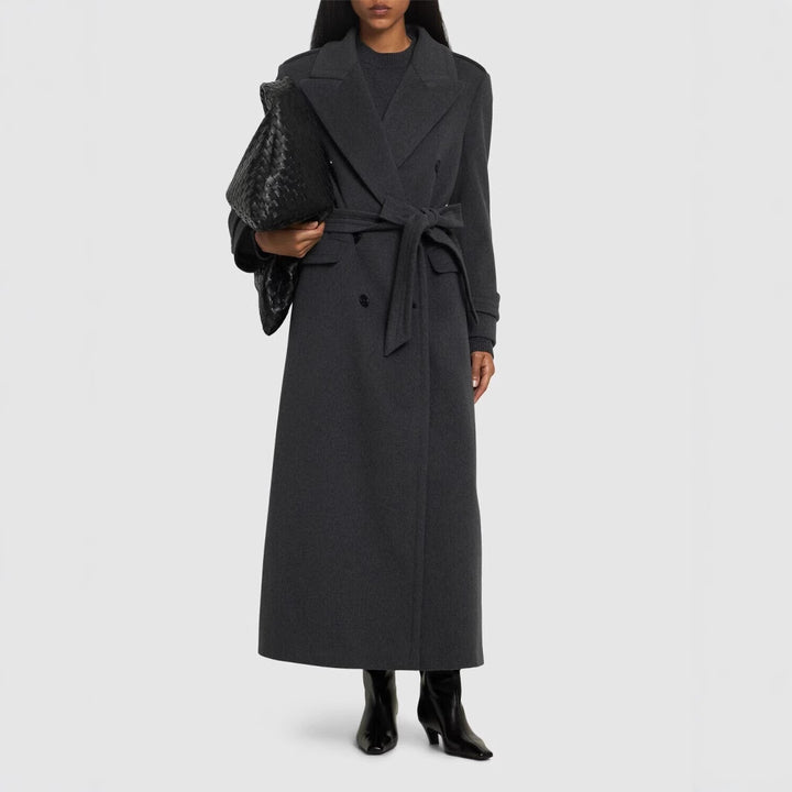 Women Long Double-Breasted Wool Coat with Waist Belt Mune Fashion