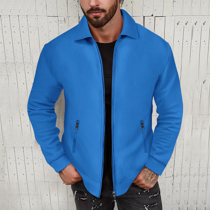 Men's nano minimalist stand collar fine knit transitional jacket with two-way zipper and concealed zip pockets Mune Fashion