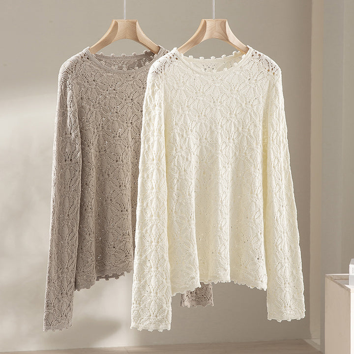 Ladies Fine Crochet Long Sleeve with Floral Openwork Structure and Casual Silhouette Mune Fashion