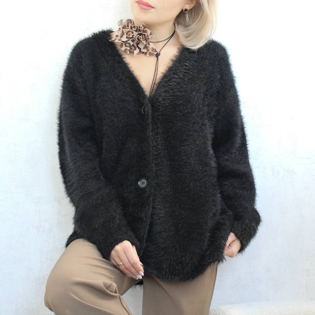 Women Fluffy Mohair-Optic Cardigan with V-Neck and Oversize Cut Mune Fashion