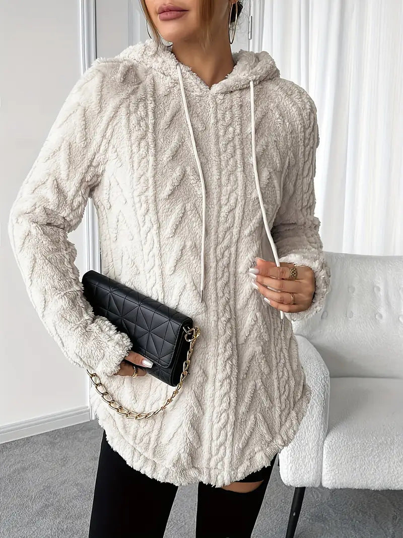 Women's cozy hooded jacket made of teddy fleece with cable pattern and gathered hem Mune Fashion