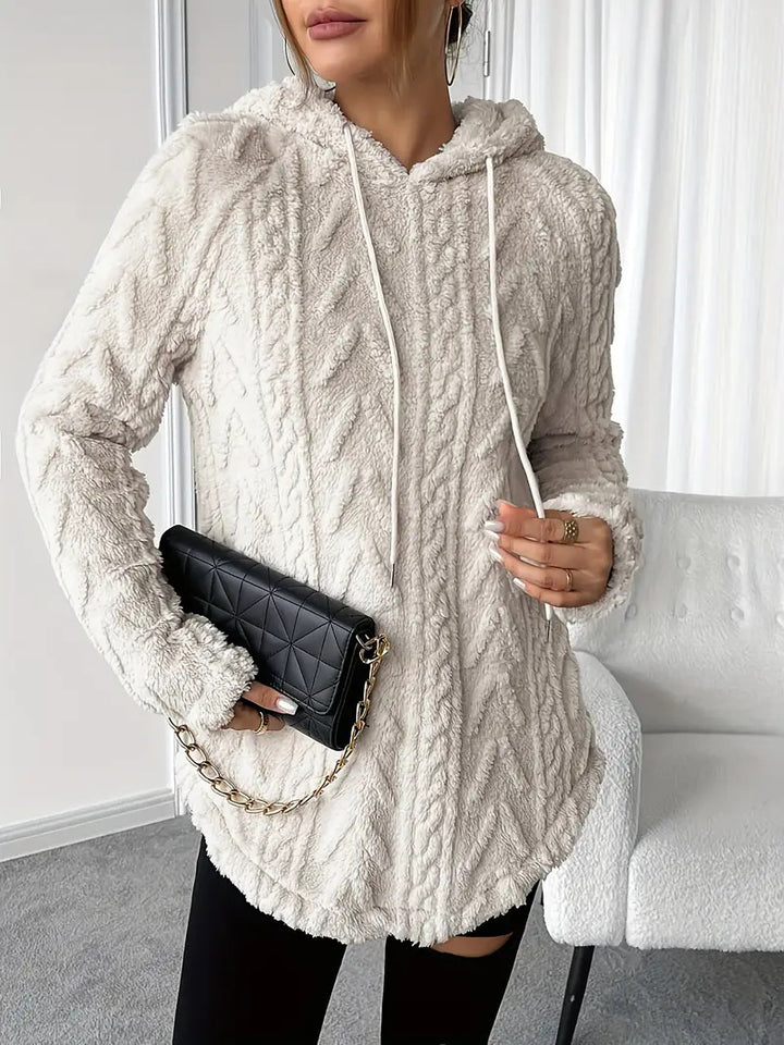 Women's cozy hooded jacket made of teddy fleece with cable pattern and gathered hem Mune Fashion