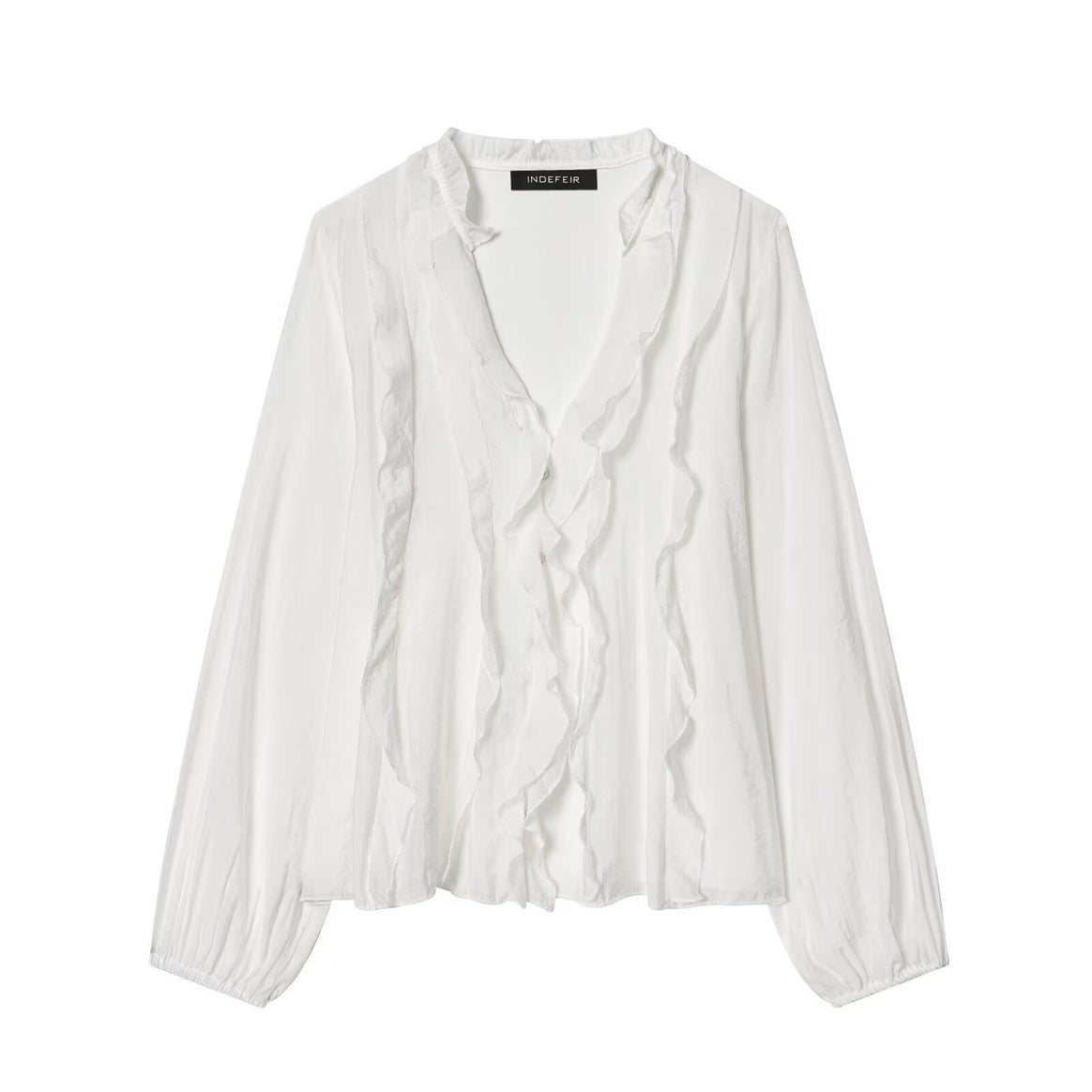 Women's Light Chiffon Blouse with Ruffle Button Placket and Balloon Sleeves Mune Fashion