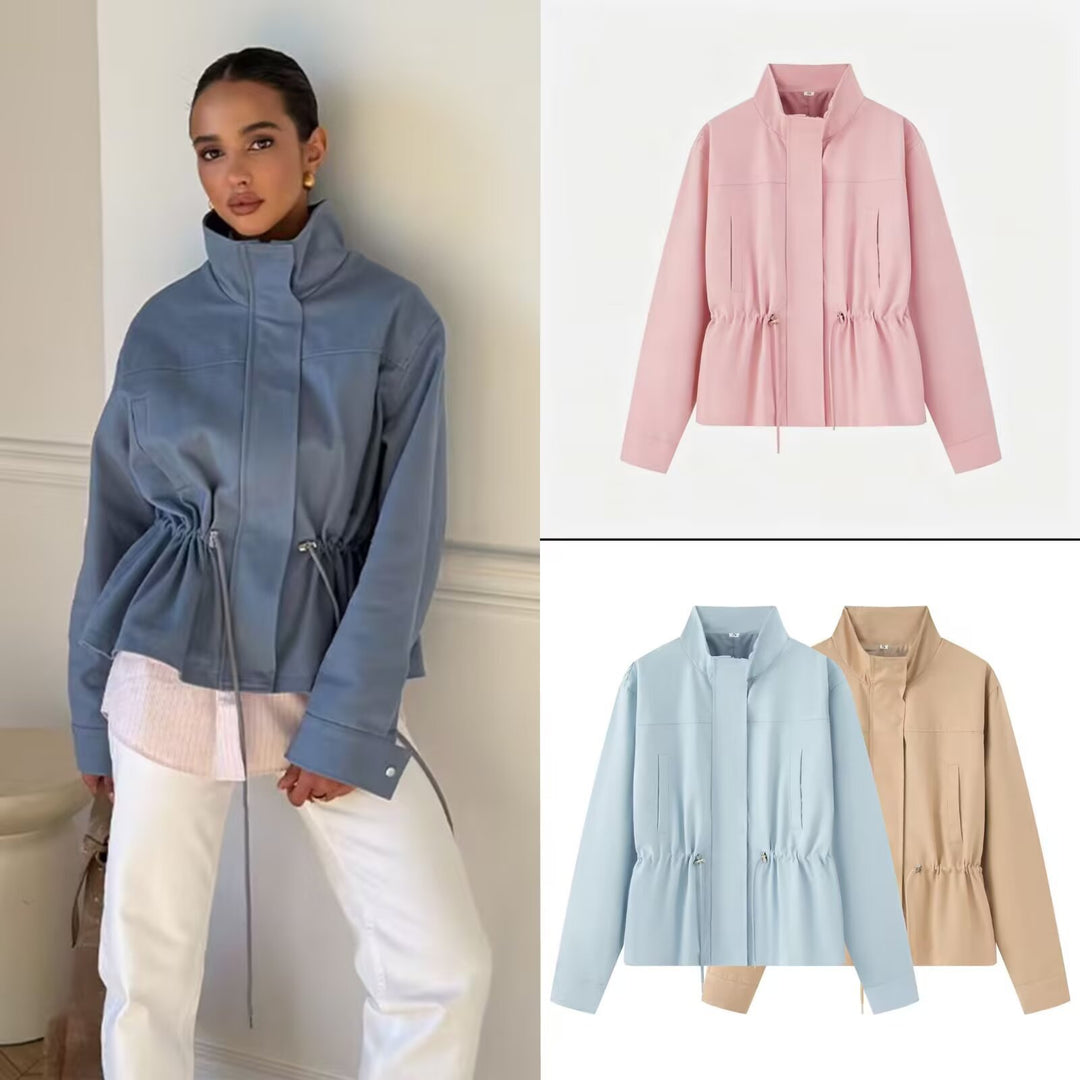 Women Lightweight Transition Jacket with Drawstring Waist and Stand-Up Collar Mune Fashion