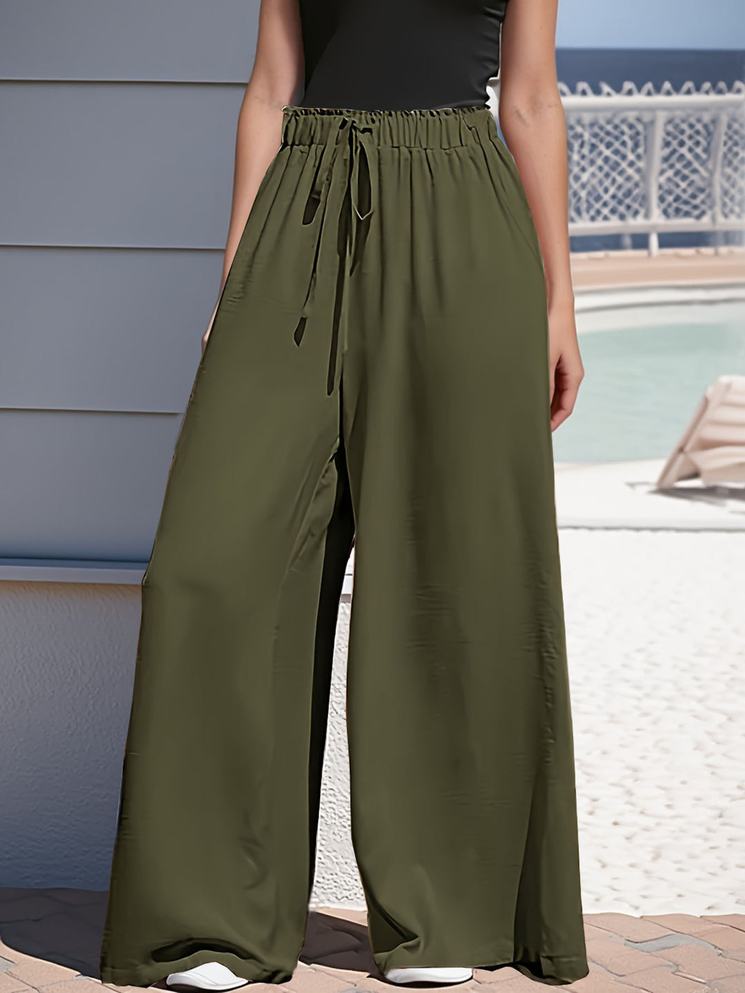 Women's wide Palazzo pants with high paperbag waistband, elastic drawstring, and front leg slit Mune Fashion