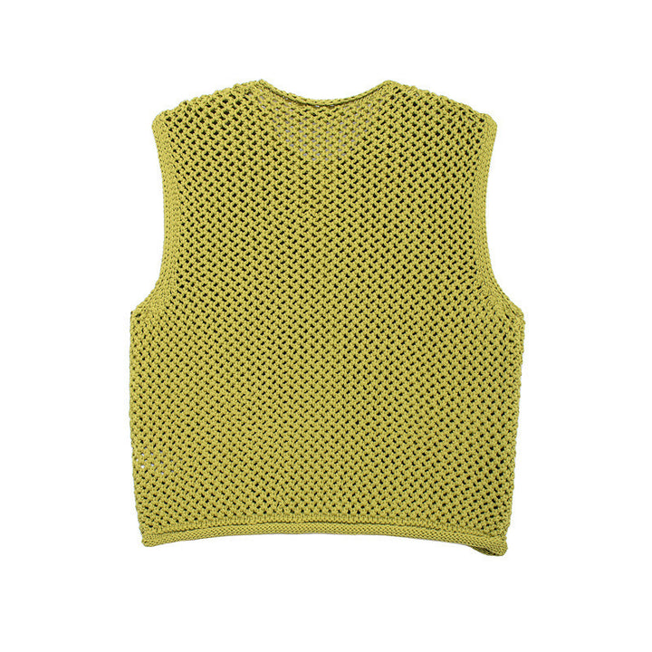 Women's crochet knit vest with large decorative buttons and patch pockets Mune Fashion