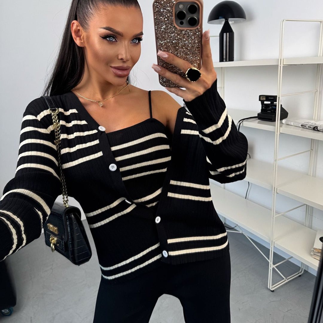 Women's Knit Loungewear Set made of fine ribbed with button cardigan, spaghetti top and wide jogger Mune Fashion
