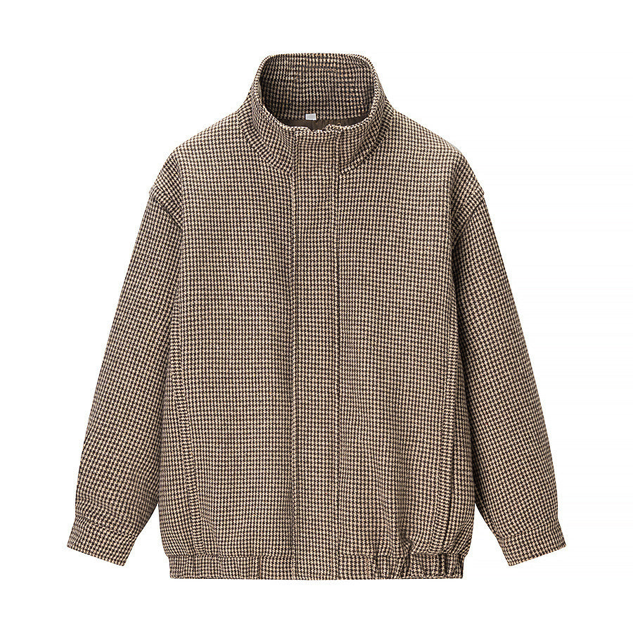 Women's Short Oversized Transitional Jacket in Houndstooth Pattern with Stand-Up Collar and Elastic Hem Mune Fashion