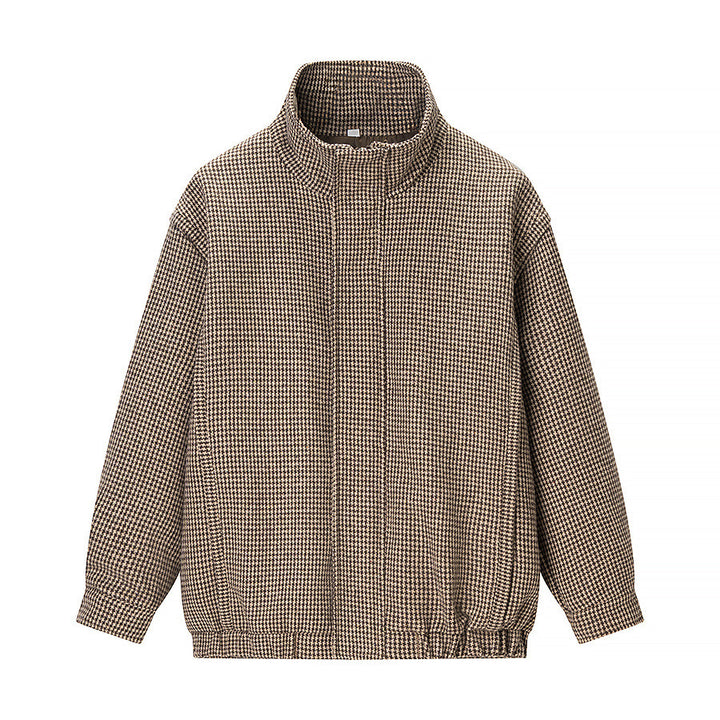Women's Short Oversized Transitional Jacket in Houndstooth Pattern with Stand-Up Collar and Elastic Hem Mune Fashion