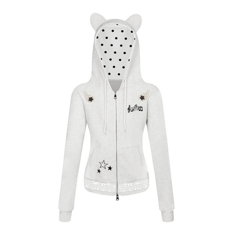Women's hooded sweat jacket with bear ears, zipper, musical print and polka lining Mune Fashion