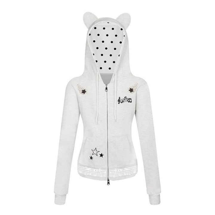 Women's hooded sweat jacket with bear ears, zipper, musical print and polka lining Mune Fashion