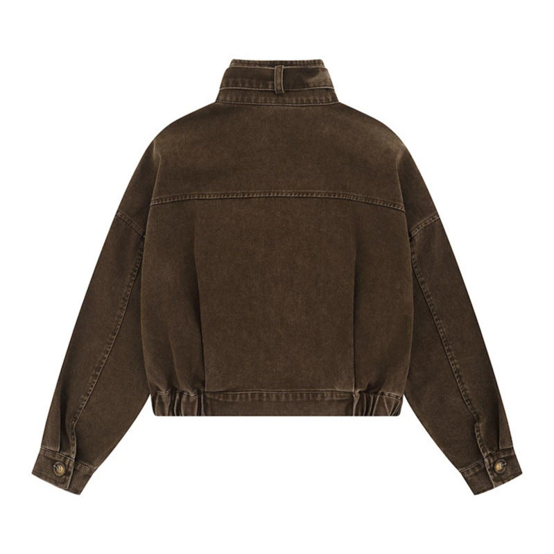 Women's Cropped Utility Bomber Jacket with Stand-Up Collar, Zipper Pockets and Elastic Cuffs Mune Fashion