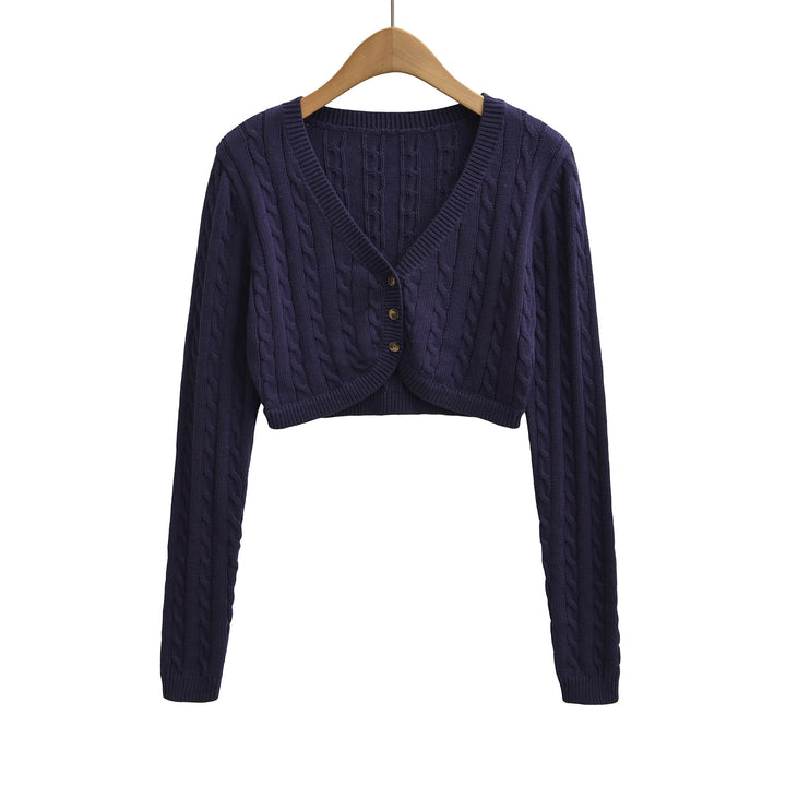 Women Short-Cut Cable Knit Cardigan with V-Neck and Button Placket Mune Fashion