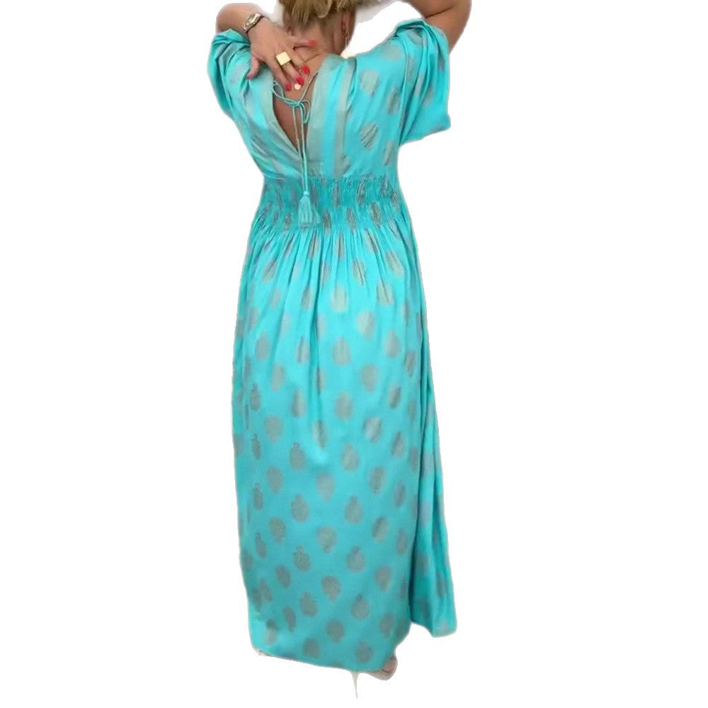 Women's gathered maxi dress with smocked waist, kimono sleeves, and decorative tassel Mune Fashion