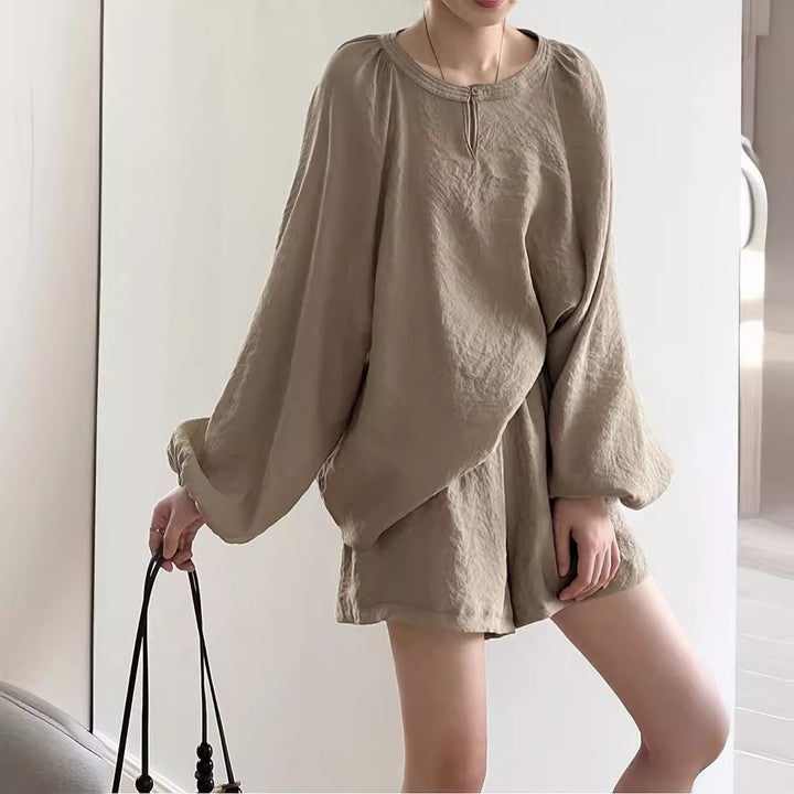 Women's Loose Linen Set with Round Neckline, Split Blouse and Wide Shorts Mune Fashion