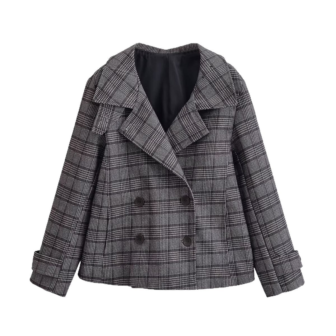 Women's Cropped Double-Breasted Blazer in Glen Check with Oversized Lapels and Turn-Up Sleeves Mune Fashion