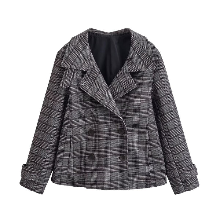 Women's Short Double-Breasted Glencheck Coat with Wide Lapels Mune Fashion