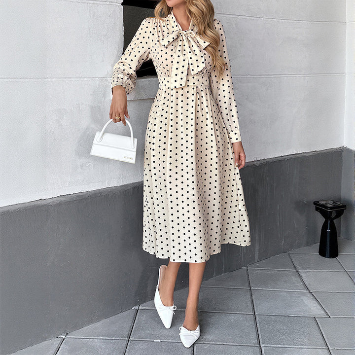 Women Elegant Midi Dress with Bow and Dots Mune Fashion