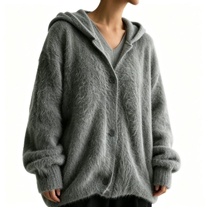 Women's Fluffy Hooded Cardigan in Mohair Look with Button Placket Mune Fashion