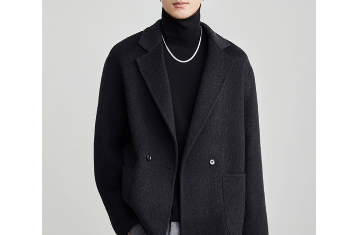 Men's Oversized Double-Breasted Wool Blend Short Coat with Patch Pockets Mune Fashion