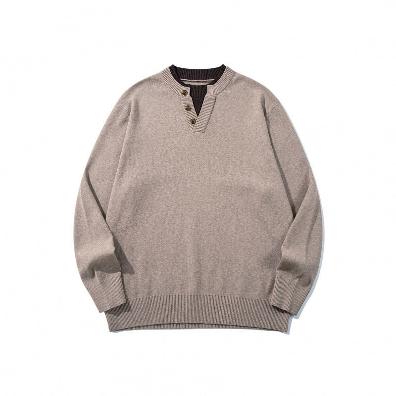 Unisex knit sweater with Henley button placket, contrast collar and boxy cut Mune Fashion