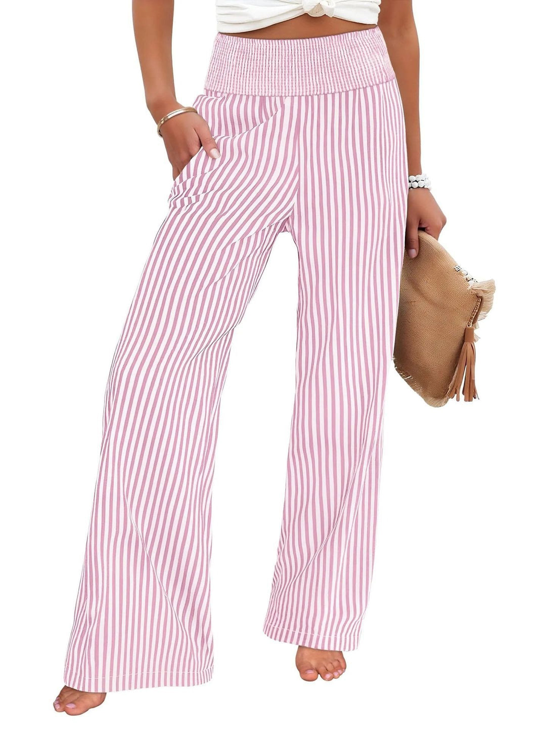 Women's Striped Palazzo Pants with High Ruffled Waist and Wide Leg Mune Fashion