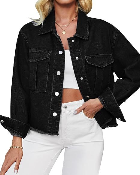 Women's cropped oversized denim jacket with raw hem and patch chest pockets Mune Fashion