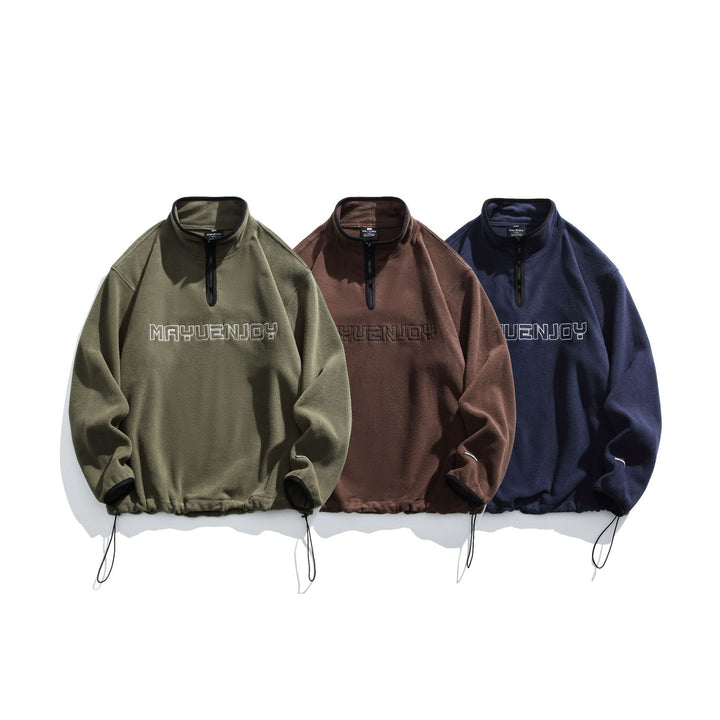 Unisex Fleece-Half-Zip Pullover with Stand-up Collar, Drawstring Hem and Logo Embroidery Mune Fashion