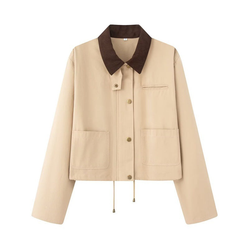 Women's Cropped Workwear Jacket with Cord Collar, Press Buttons and Drawstring Mune Fashion