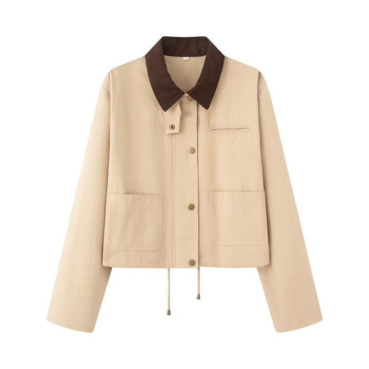 Women's Cropped Workwear Jacket with Cord Collar, Press Buttons and Drawstring Mune Fashion