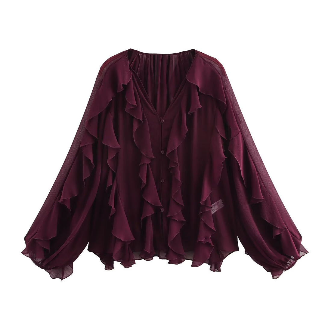 Women 200+ voluminous chiffon ruffle blouse with bat sleeves and button placket Mune Fashion
