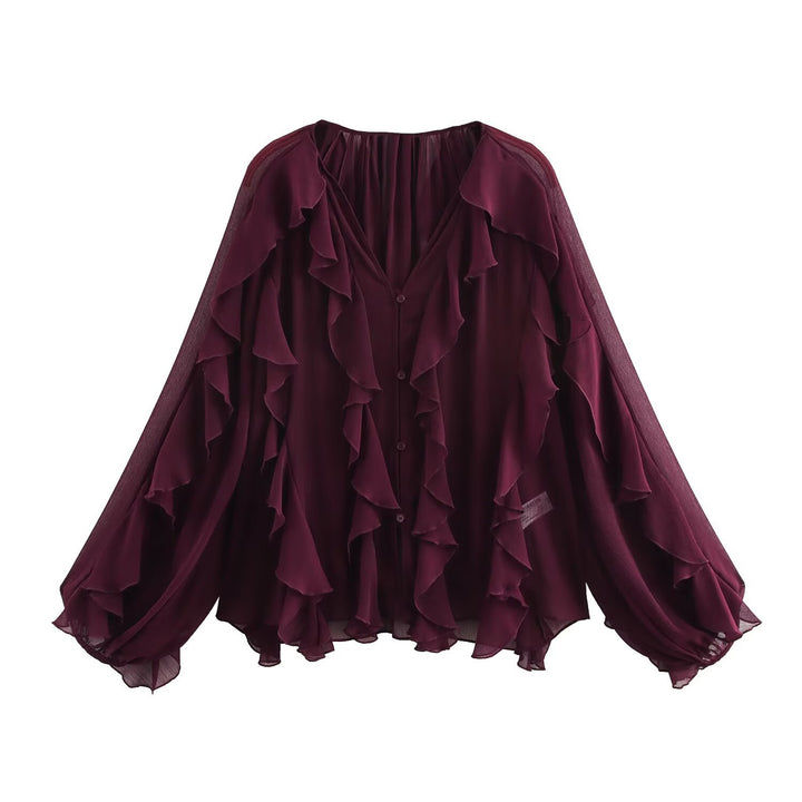 Women 200+ voluminous chiffon ruffle blouse with bat sleeves and button placket Mune Fashion