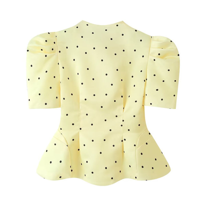 Women Tailored Satin Blouse with Puff Sleeves, Stand Collar and Polka Dot Print Mune Fashion