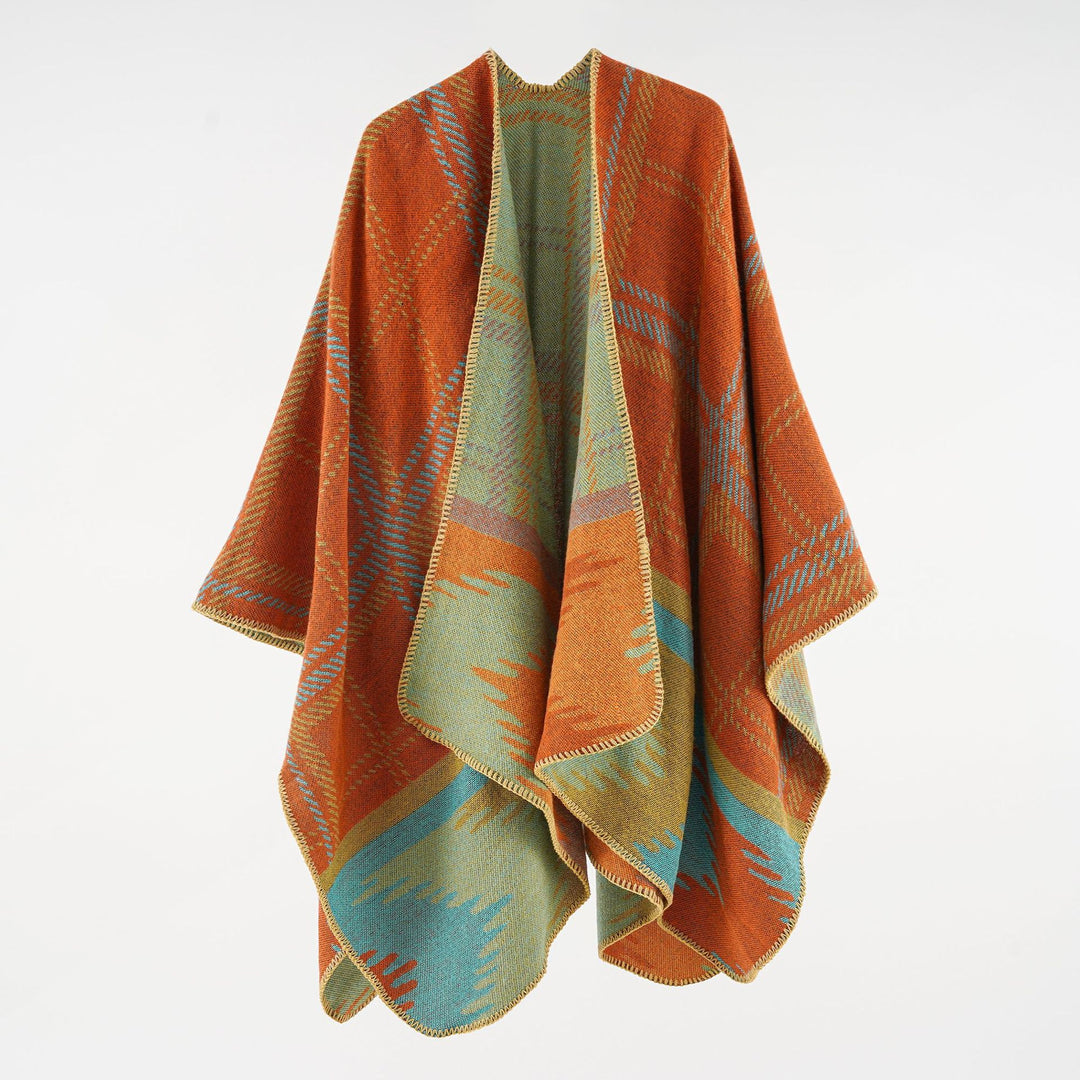 Women's coarse-woven ruana overlay made of a wool blend with structured check weaving Mune Fashion