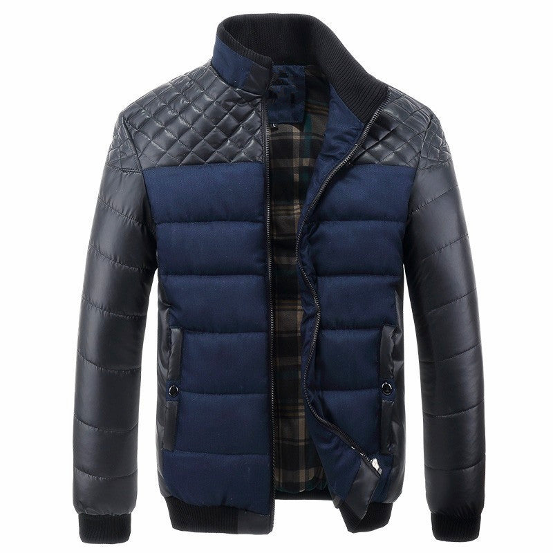 Men's quilted hybrid jacket with faux leather sleeves, high collar, and checked lining Mune Fashion