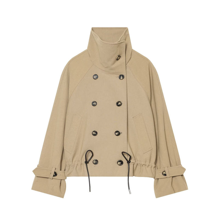 Women Cropped Trench Coat with High Funnel Collar, Raglan Sleeves and Drawstring Waistband Mune Fashion